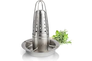 Amazy Supporto Barbecue arrosto Pollo con Contenitore spezie + Vassoio di scolo – Griglia Pollo arrosto in Acciaio Inox per la Preparazione di Pollo arrosto Croccante alla griglia e al