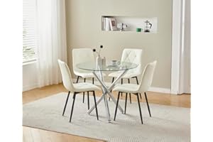 Menaka 5 Pieces Round Glass Dining Table and Grey Velvet Chairs Set Small Space for 4 People, Modern Kitchen Table with Chairs Set of 4 Restaurant (table with 4 white pu chairs)