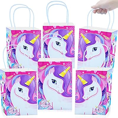 German-Trendseller German Trendseller® - 12 x sacs en papier de licorne┃ avec poignée┃ pour remplir┃l'arc en ciel┃couleurs vives┃ petit cadeau┃l'anniversaire d'enfant┃12 pcs