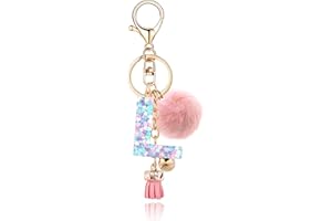 QUKE Alphabet Initial Letter Keychain for Women Girls Resin Keyring for Purse School Bag With Fur Ball Pom