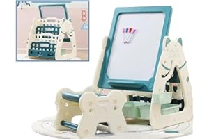 ‎HEALA ALL IN ITS PLACE heala Katzen-Design 2:1 Kinder Bücherregal, Kindertafel mit höhenverstellbarem Magnetischem Whiteboard (1-8 Jahren geeignet), inkl. 2 Aufbewahrungskisten und Hocker in 2 Höhen. (Green)