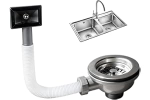 CALENXY Válvula de cesta colador de acero inoxidable con rebosadero, 114 mm, juego de desagüe para fregadero de cocina, cesta y sifón con interfaz rectangular, fácil montaje para desagüe del fregadero de