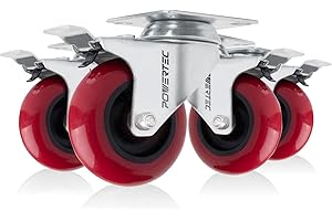 POWERTEC 3 Inch Swivel Caster Wheels Set of 4 with Brake & 640 lbs Loads, Heavy Duty Plate Casters, Dual Locking PU Castor Wheels for Furniture, Cart, Dolly and Workbenches (17205)
