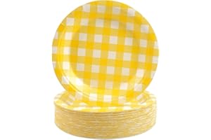 HFBOBP 50Pcs Gingham Paper Plates,7 inch Yellow Checked Dessert Cake Plates Plaid Disposable Tableware Party Supplies for Picnic, Camping, Family Gathering, Baby Shower, Birthday, Bachelor Party