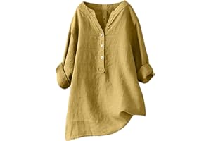 Susenstone Chemise Lin Femme,Chemisier Coton Et Lin pour Femmes Col en V Bouton Manches Longues Tops Couleur Unie LâChe Respirant T-Shirts Grande Taille Pas Cher Casual Coton Lin Tunique Blouse
