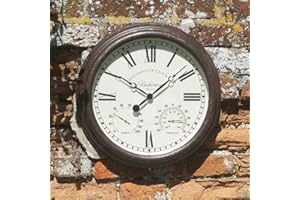 Garden Mile Bickerton Vintage Style Wall Clock & Thermometer 15" Garden Patio Kitchen Lounge Home Indoor Outdoor Weather Resistant Wall Clock Decorative Mounted Timepiece Includes Hygrometer