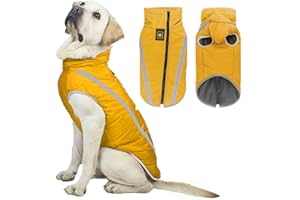 Voarge Wodoszczelny płaszcz dla psa, ciepła kurtka, odblaskowy, regulowany strój, kurtka zimowa dla małych, średnich psów, z otworem na uprząż (żółty, XL)