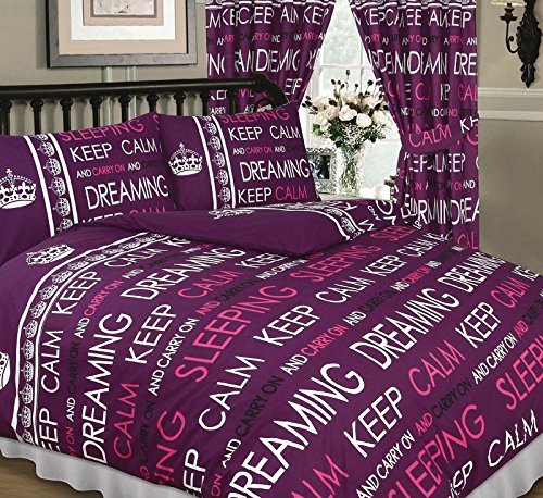 Keep Calm & Carry On Berry, Double Bed Duvet / Quilt Cover Set, Carry On Sleeping Dreaming Aubergine Purple, Lilac, Pink White Crown