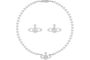 NEVEGE Silver Pearl Necklace for Women with Planet Earrings White Pearl Choker Necklace for Women Crystal Rhinestone Planet Necklace and Silver Stud Earrings Set Gifts for Anniversary Christmas