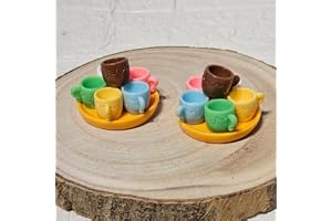 Aruna Decor Cute Miniature Cup & Tray Set of 14 – Adorable Mini Garden Decor | Dollhouse Accessories | Tiny Kitchen Props | DIY Craft & Gifting Set