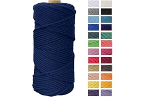 Macrame Cord 4mm x 109 Yards, JeogYong Thick Natural Cotton Cord Yarn Thread, 4-Strand Twisted Spool Twine String Cotton Rope for DIY Crafts, Wall Hangings, Plant Hangers, Home Decorations (Dark blue)