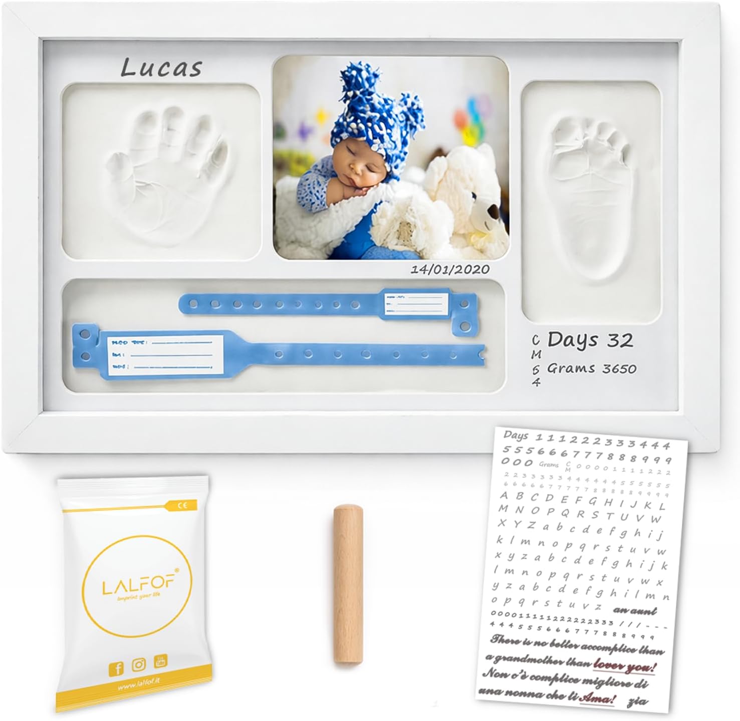 Lalfof® Marco Huellas Bebe Recien Nacido Con Nombre personalizado Y Porta Objetos. Regalo bebe recien nacido niño/niña. Huella bebes pie y manos Dermatológicamente Aprobada.Ideas regalos para bebes