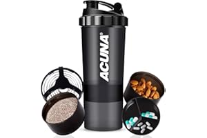 ACUNA Protein Shaker Bottle 600ml- 3 Layered Twist Off Cups For Pill & Supplement Storage - Steel Mixing Ball For Lump Free Smooth Shake- Easy To Clean Gym & Sports Shaker Bottle (Black)
