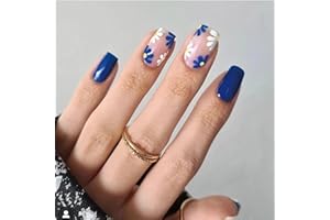 AGASAR 24pcs Square False Nails Short Blue Stick on Nails Flower Press on Nails Removable Glue-on Nails Fake Nails Women Girls Nail Art Accessories