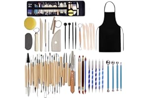 FRUNIMALL Set di Utensili Ceramica Strumenti Argilla Polimerica, 52Pezzi Kit Strumenti in Ceramica per Modellare Il Legno e l'argilla, Borsa di stoccaggio, Grembiule per Pittura su Roccia, Argilla