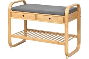 Multigot 2/3-Tier Shoe Bench, Bamboo Shoe Storage Organizer Seat with Cushion, Shoe Rack Stand for Entryway Hallway Bedroom Living Room (1 Shelf + 2 Drawers)