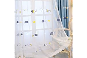 Lsimeru Fischemuster Vorhänge Transparent Weiß Ösen 2er Set Tülle Gardinen Kinderzimmer Jungen Durchsichtig Tiere Stickerei Babyzimmer Schlafzimmer,225x140