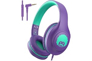 RockPapa C24 Kinder Kopfhörer mit Kabel, HD-Mikrofon, Leichte, Faltbare Kabel kopfhörer mit 3,5 mm Jack, On-Ear Stereo Bass Kopfhörer für Schule/Reise/Telefon Violett Grün
