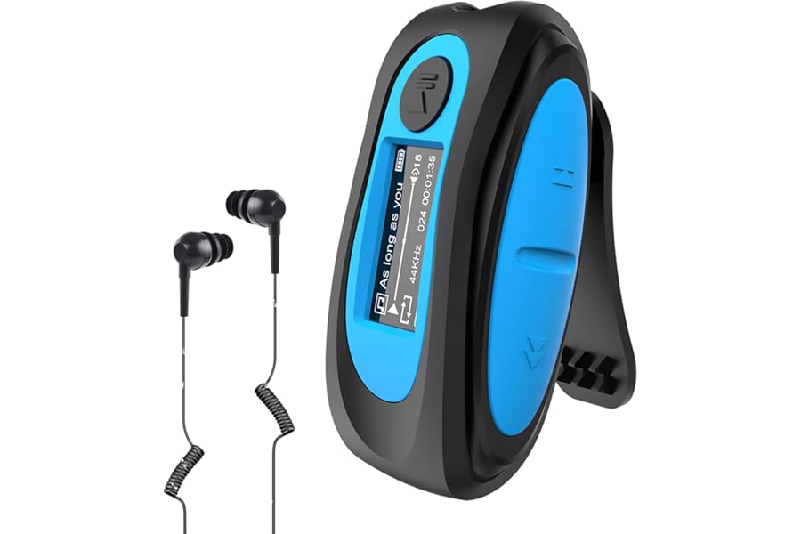AGPTEK IPX8 Waterproof Mp3 Player with Screen, Multi-Functional Clip Music Player with Waterproof Headphones for Surfing Swimming Water Sports