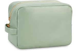 WANDERING NATURE Maquillaje Neceser Gran Capacidad Bolsa de Cosméticos con Asa y Cremallera Bolsa de Lavado Hidrófugo Cuero Vegano para Viajes Baño, Verde Patente Pendiente