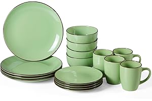 HOMD 16-Pieces Stoneware Dinnerware Set, Dinner Set, Kitchen Dinnerware Ceramic Crockery Set, Dinner Service Set for 4, Include Dinner Plate, Dessert Plate, Cereal Bowl and Mug（Green）