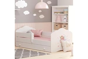 Kids Collective Letto per bambini 80x160cm con materasso e cassetto a doghe e protezione anticaduta Lettino per bambini Letto singolo completo in bianco con motivo a principessa | da 3 a 10 anni