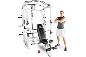MARCY PRO Power Cage Home Gym & Adjustable Weight Bench, Foldable, High & Low Cable Pulley System