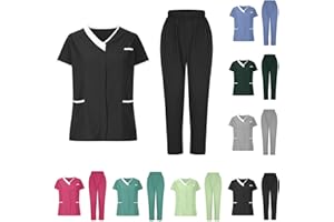HAOLEI Uniforme MéDicale Unisexes Ensemble De VêTements pour Femme à Col en V Haut Et Pantalon éLastique D'InfirmièRe Tenue Aide Soignante Professionnelle MéDical Blouse avec Poches