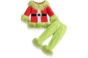 Mugoebu Baby Kinder Weihnachten Kostüm Grinch Grün Wie der Grinch stahl Langarm Fleece Plüsch Jacke Hose Grün Monster Xmas Funny Cosplay Kostüm