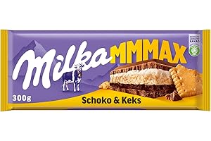 ‎MILKA Milka Mmmax Schoko & Keks – Alpenmilch-Schokolade mit Milchcrème-Füllung und knackigen Keksstücken – 300g