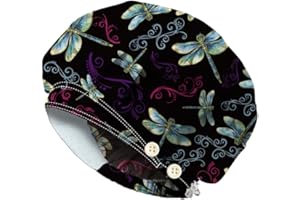 DELORIGIN Dragonfly Bouffant Scrub Caps with 4 Buttons Cotton Nurse Scrub Hats with Sweatband Adjustable Working Surgical Caps for Women Men Cooking Housework Make Up Head Cover One Size Fits All
