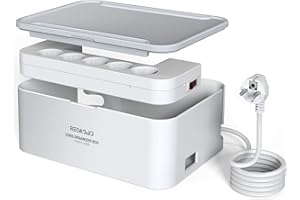 Multiprese con scatola per cavi, Redagod Multiprese (2500 W) con interruttore, 5 porte AC+3 porte USB(15,5 W) 2 M cavo 29,5 x 20,8 x 11,8 cm -Bianco