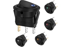 YUFFQOPC 5 Pcs Rocker Switch 12V Switch,SPST 3Pin Switch LED Illuminated Round Rocker Switch Toggle Switch 20A 12 Volt Switch Auto Switch 5 Color Led Car Light Switches for Car, Boat, Homehold Application