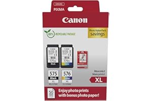 Canon PG-575XL / CL-576XL High Yield Genuine Ink Cartridges, Pack of 2 (1 x Black, 1 x Colour); Includes 50 Sheets of 4x6 Photo Paper - Cardboard Multipack