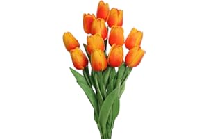 huaao 12pcs Flores Tulipanes Artificiales de látex, Plantas Artificiales Falsos Tacto Realista decoración para hogar, casa, Oficina, Sala, Banquete Boda Nupcial, Fiestas, arreglos Florales (Naranja)