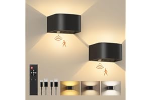 FULEN Lampada da Parete con Sensore di Movimento con Telecomando, 3 Colori, Senza Fili, LED da Interno,Luce a Parete su e Giù, Batteria Ricaricabile da 5000mAh, Regolabile in Luminosità,Nera 2 Pezzi