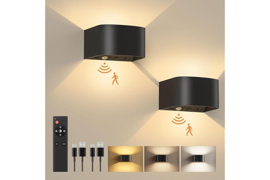 FULEN Wall Lights with Motion Sensor, Remote Control, 3 Colors, Up and Down Indoor LED Wall Sconces, On and Auto Modes, 5000mAh Rechargeable Battery Operated Wall Lamps, Brightness Adjustable