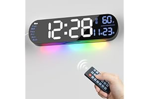 HANSANG Digital Wall Clock Large Display, 13.7 inch with RGB Color Changing Remote Control, Date Week Temperature DST, Auto Brightness Dimmer Big Clock with Night Lights