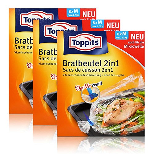 3x Toppits Bratbeutel 2in1 Inhalt 8 stk. - Größe M - max. 2,5 kg