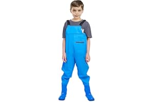 VicBre Kinder-Wathose für Jungen und Mädchen, Reißverschlusstasche,Verstellbare Träger,Rückenschnalle Design,wasserdichte Regenhose mit Stiefeln, Wathose für Jugendliche