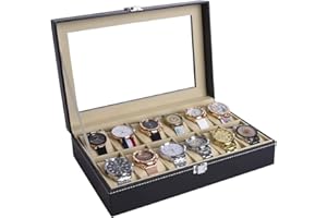 AUTOARK Leather 12 Watch Box Glass Top Watch Jewelry Display Case Organizer,Beige Pillows,Black,AW-083