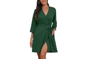 PrinStory Womens Dressing Gown Waffle Soft Kimono Robe V-Neck Short Knit Bathrobe Nightwear Sleepwear