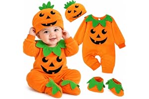 Generico Pumpkin Dress Newborn Baby Pumpkin Costume Romper Jumpsuit Halloween with Pumpkin Hat and Shoe Costumes Halloween Baby 0-24 Months