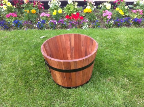 GARDEN PLANTER BARREL TUB PATIO DECK IN ACCACIA WOOD + METAL TRIM &amp; HANDLES (S)