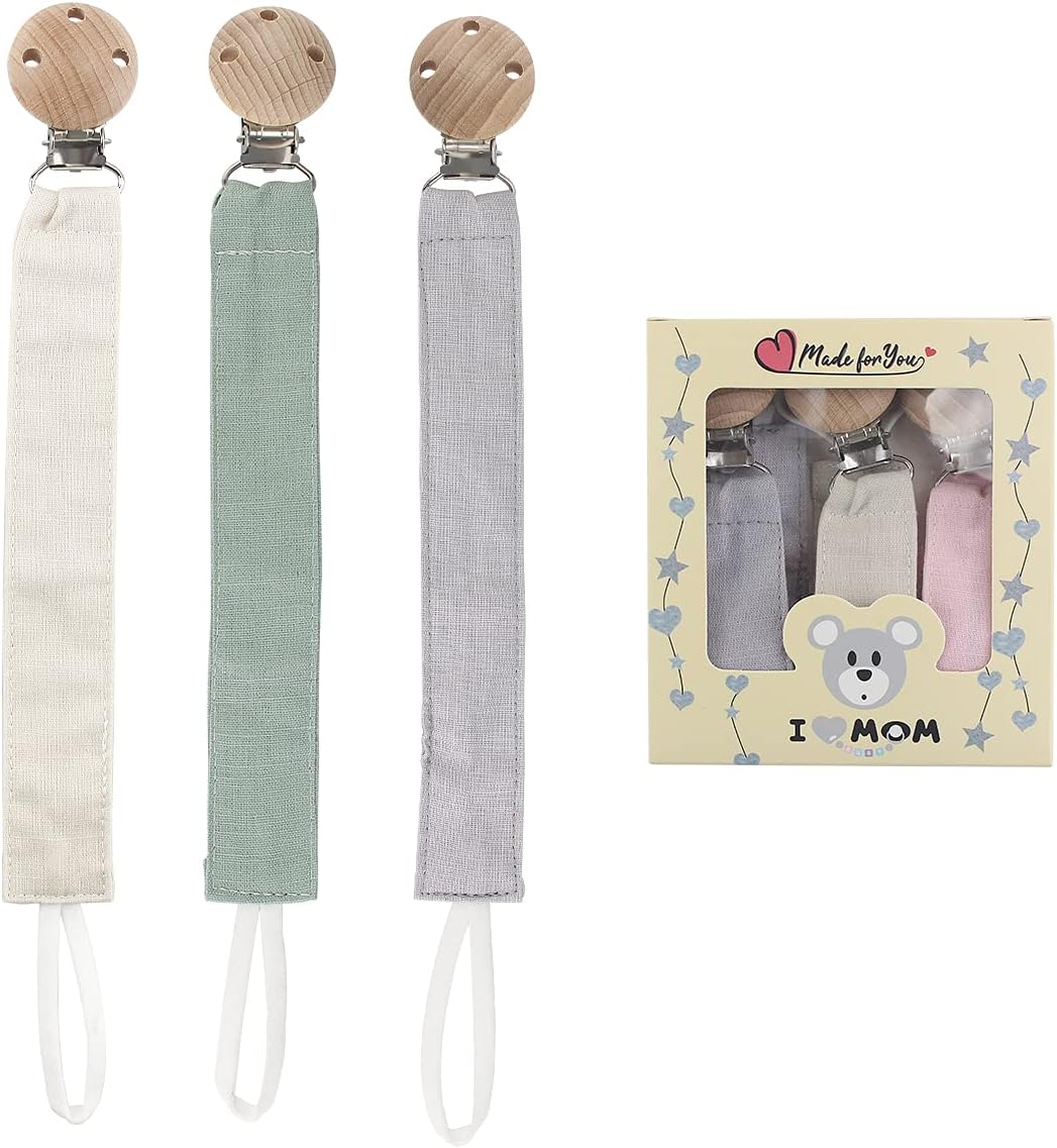 RUBY 3PCS Cadena Chupete Kit Portachupete, Set Chupetero Tela con Pinza de Madera de Haya Natural,Regalo Bebe (Verde-3)