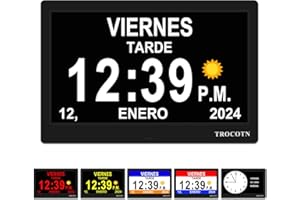 TROCOTN Reloj digital grande para personas mayores, calendario de pantalla grande con alarmas personalizadas, reloj de pared con día y fecha, despertador, reloj de escritorio (10 pulgadas, negro)