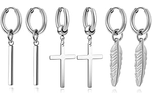 Jovivi 3 Paia Orecchini Pendenti a Croce Piuma Barra Verticale per Uomo, 16ga Orecchini a Cerchio Acciaio Chirurgico con Ciondolo, Unisex Huggie Hoop Earrings Pendente per Donna Uomo Argento Nero