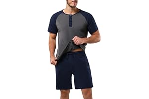Aseniza Pyjama Homme Coton Ete Court Ensembles de Pyjama à Manches Courtes Col Rond en Bouton Doux Vêtements de Nuit Eté T-Shirt et Short avec Poches Casual Vêtement d'Intérieur Loungewear S-XXL