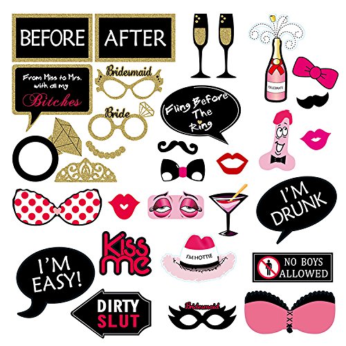 Veewon 31pcs Henne Partei Fotorequisiten Hochzeit Foto Stand Props Dekorationen Valentinstag Photobooth Requisiten Girls Night Out Spiele Bachelorette lustig Schnurrbart, Ring, Gläser, Krone