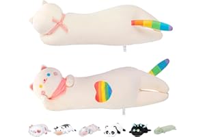 Mewaii Largo Gato de Peluche Almohada Suave de Gato de Animales Muñecas de Peluche Encantador Gato Arcoíris Blanco Abrazando Almohada Juguetes Regalo, 65cm